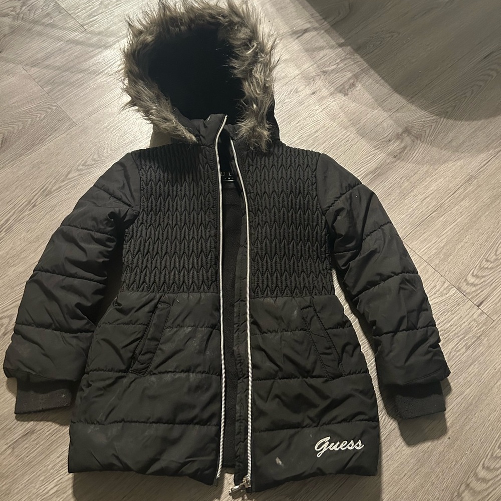 Guess Women's Black Puffer Coat with Fur Hood